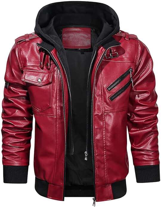 HOOD CREW Men’s Casual Stand Collar PU Faux Leather Zip-Up Motorcycle Bomber Jacket With a Removable Hood - Image 4