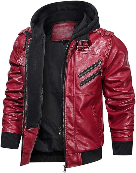 HOOD CREW Men’s Casual Stand Collar PU Faux Leather Zip-Up Motorcycle Bomber Jacket With a Removable Hood - Image 5