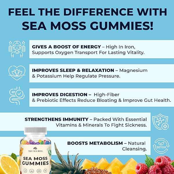 TrueSeaMoss Irish Sea Moss Gummies with Burdock Root & Bladderwrack – Formula for Adults & Kids – 60 Gummies (Packaging May Vary) - Image 4