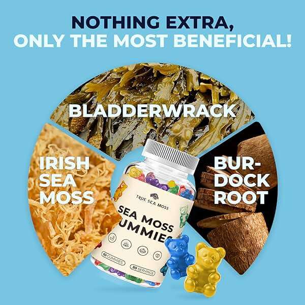 TrueSeaMoss Irish Sea Moss Gummies with Burdock Root & Bladderwrack – Formula for Adults & Kids – 60 Gummies (Packaging May Vary) - Image 6