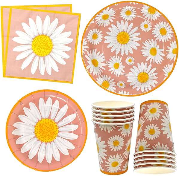 Gift Boutique Daisy Flower Party Supplies Tableware Set 9" 7" Paper Plates Cups Napkins Floral Summer Spring Groovy Birthday Disposable Dinnerware Serves 24 - Image 1