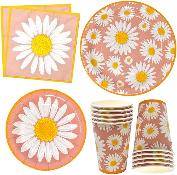Gift Boutique Daisy Flower Party Supplies Tableware Set 9" 7" Paper Plates Cups Napkins Floral Summer Spring Groovy Birthday Disposable Dinnerware Serves 24 - Product Image