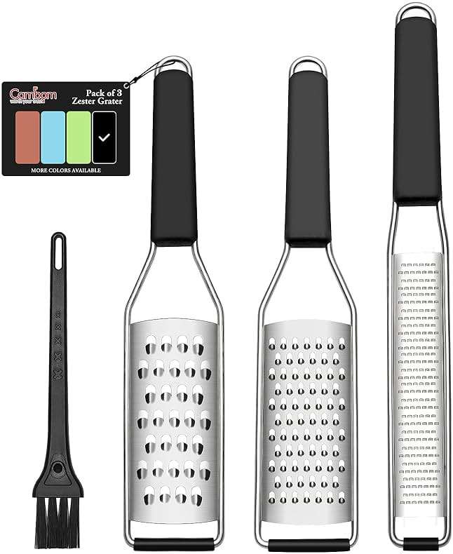 Cambom Lemon Zester Grater Three-piece Suit - Heavy Duty Kitchen Tool for Parmesan Cheese, Ginger, Garlic, Nutmeg, Chocolate, Vegetables,Fruits,Stainless Steel Grater Dishwasher Safe Black - Image 1