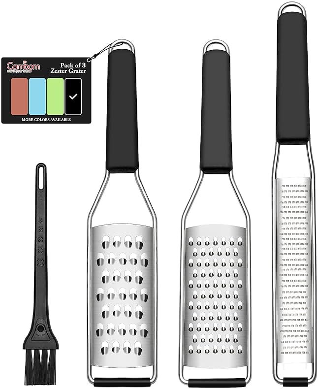 Cambom Lemon Zester Grater Three-piece Suit - Heavy Duty Kitchen Tool for Parmesan Cheese, Ginger, Garlic, Nutmeg, Chocolate, Vegetables,Fruits,Stainless Steel Grater Dishwasher Safe Black - Product Image