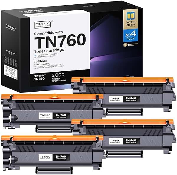 Compatible TN760 Toner Cartridges (with Chip) Replacement for Brother TN 760 TN-760 TN730 with MFC-L2710DW MFC-L2750DW HL-L2350DW HL-L2390DW DCP-L2550DW HL-L2370DW Printers (4 Black) - Product Image