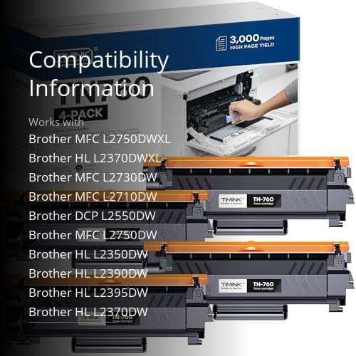 Compatible TN760 Toner Cartridges (with Chip) Replacement for Brother TN 760 TN-760 TN730 with MFC-L2710DW MFC-L2750DW HL-L2350DW HL-L2390DW DCP-L2550DW HL-L2370DW Printers (4 Black) - Image 3