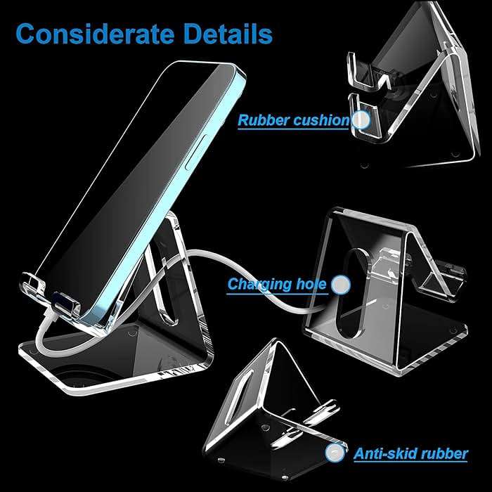 Crpich Acrylic Cell Phone Stand, Portable Clear Phone Stand for Desk, Compatible with Phone16 15 14 13 Pro Max Mini 12 11 Plus SE, Switch, Android Smartphone, Pad, Tablet, Desk Accessories - Image 3