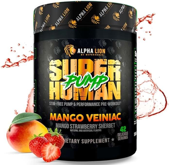 ALPHA LION Superhuman Pump Pre Workout Powder, Nootropic Caffeine & Stim Free Preworkout Supplement, Nitric Oxide Booster, Muscle Gainer, Energy & Focus (42 Servings, Mango Veiniac Flavor) - Product Image
