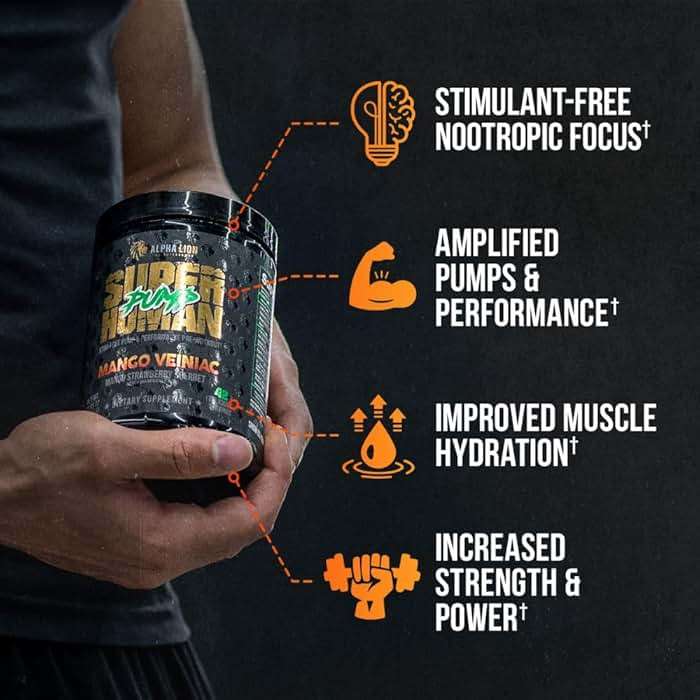 ALPHA LION Superhuman Pump Pre Workout Powder, Nootropic Caffeine & Stim Free Preworkout Supplement, Nitric Oxide Booster, Muscle Gainer, Energy & Focus (42 Servings, Mango Veiniac Flavor) - Image 2