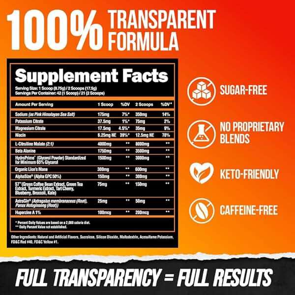 ALPHA LION Superhuman Pump Pre Workout Powder, Nootropic Caffeine & Stim Free Preworkout Supplement, Nitric Oxide Booster, Muscle Gainer, Energy & Focus (42 Servings, Mango Veiniac Flavor) - Image 5