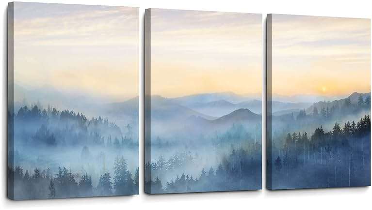 Wall Decor for Bedroom 3 Panel Sunrise Misty Forest Print Picture Paintings Wall Art for Living Room Bathroom Framed Canvas Artwork Modern Room Wall Decorations Size 12x16 x 3 Piece Ready to Hang - Image 1