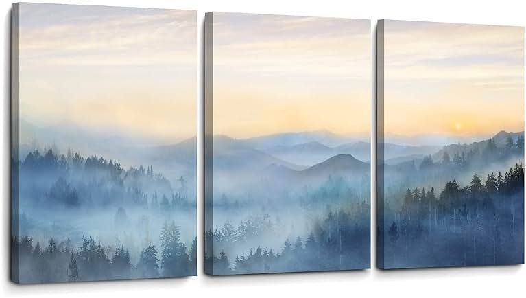 Wall Decor for Bedroom 3 Panel Sunrise Misty Forest Print Picture Paintings Wall Art for Living Room Bathroom Framed Canvas Artwork Modern Room Wall Decorations Size 12x16 x 3 Piece Ready to Hang - Product Image