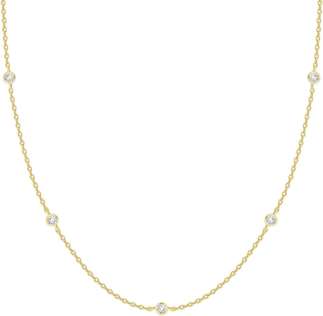 PAVOI 14K Gold Plated Station Necklace - Simulated Diamond Layering Necklaces - Womens CZ Chain - Image 1