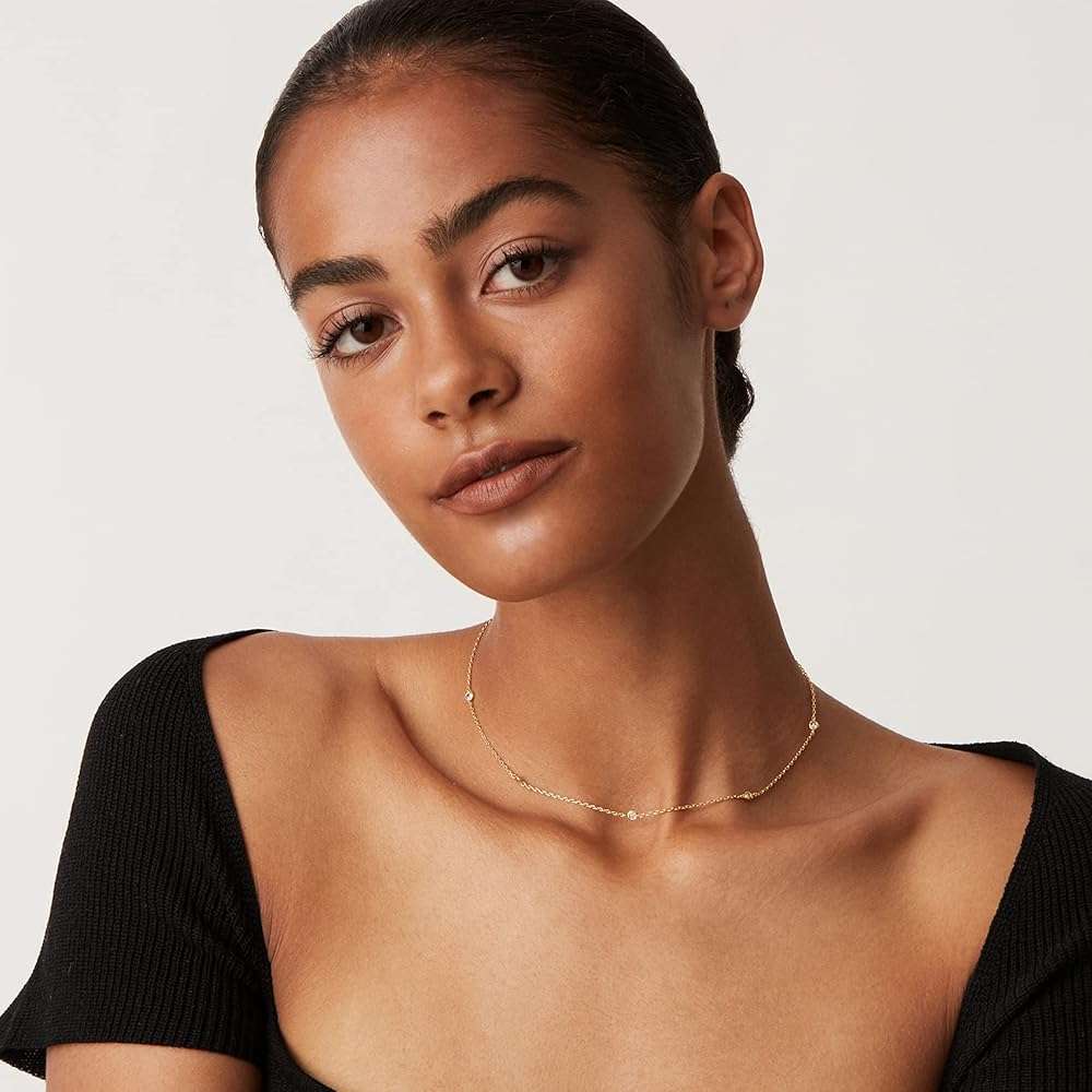 PAVOI 14K Gold Plated Station Necklace - Simulated Diamond Layering Necklaces - Womens CZ Chain - Image 2