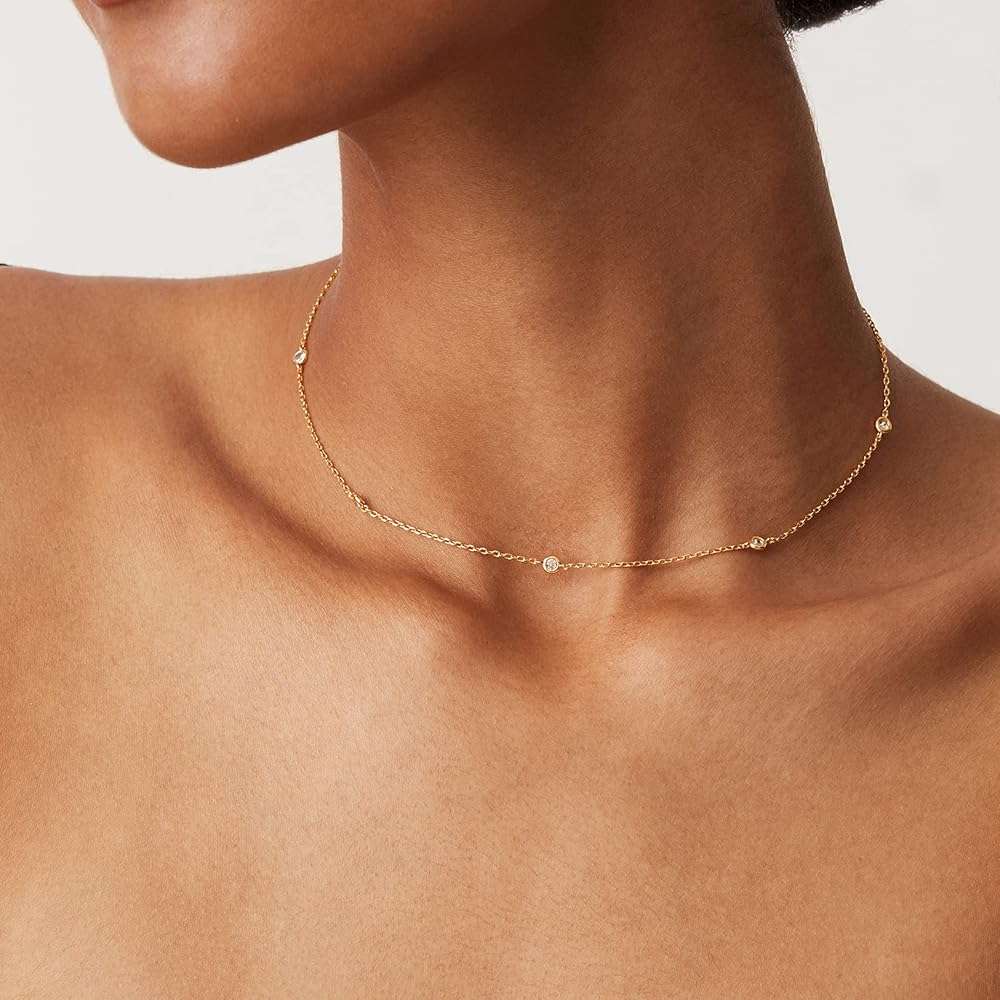 PAVOI 14K Gold Plated Station Necklace - Simulated Diamond Layering Necklaces - Womens CZ Chain - Image 4