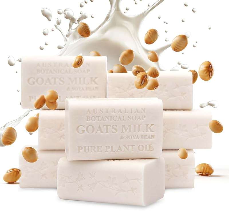 Australian Botanical Goats Milk Soap with Soya Bean Oil, Net Wt. 3.4 lb, 6.8 Ounce Bar Soap, Suitable for all Skin Types Pack of 8, Packaging May Vary - Image 1