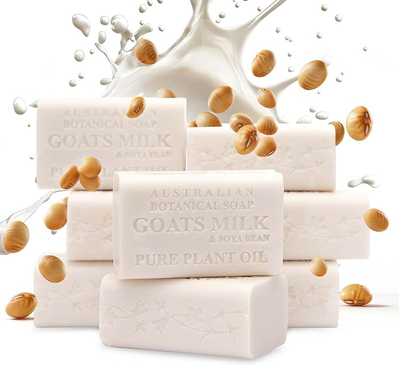 Australian Botanical Goats Milk Soap with Soya Bean Oil, Net Wt. 3.4 lb, 6.8 Ounce Bar Soap, Suitable for all Skin Types Pack of 8, Packaging May Vary - Product Image