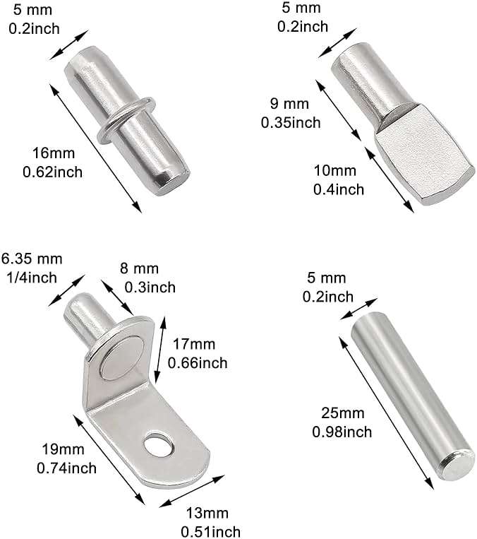 104Pcs Shelf Pins Kit,4 Styles Nickel Plated Shelf Support Pegs,Bookshelf Pegs for Shelves,Cabinet Shelf Bracket Pegs Shelf Pins Holders for Kitchen Furniture & Closet ( 5mm & 1/4inch ) - Image 2