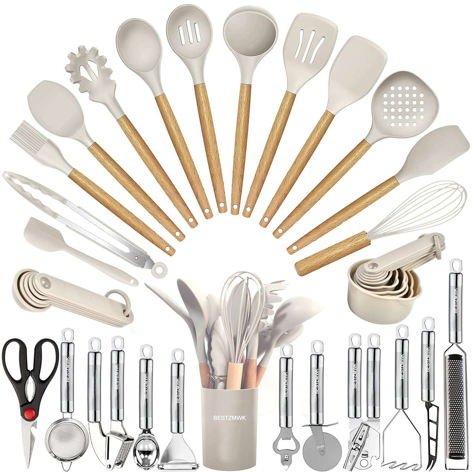Kitchen Utensils Set- 35 PCs Cooking Utensils with Grater,Tongs, Spoon Spatula &Turner Made of Heat Resistant Food Grade Silicone and Wooden Handles Kitchen Gadgets Tools Set for Nonstick Cookware - Image 1