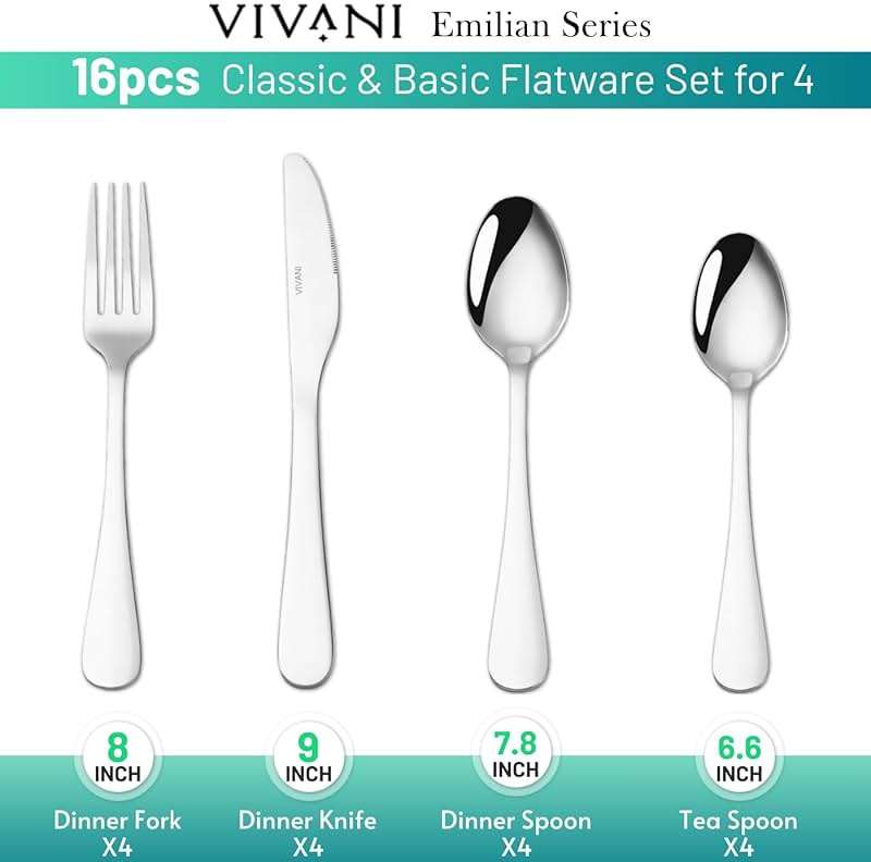 VIVANI 16 Piece Silverware Set for 4, Premium Stainless Steel Cutlery Set, Utensil Sets, Flatware Sets for 4, Forks Spoons and Knives Set Dishwasher Safe for Home Kitchen | Dishwasher safe, Ergonomic handle, Mirror polished, Rust resistant for Home, Kitchen, Dorms, Apartments and Hosting - Image 3