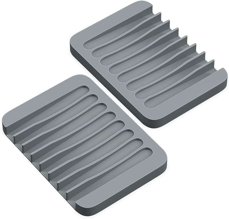 ZAPPOWARE 2-Pack Silicone Soap Dish with Drain - Bar Soap Holder for Shower & Bathroom Sink - Self Draining Waterfall Soap Saver Tray for Kitchen, Prevents Sticky Mess, Easy to Clean (Gray) - Image 1