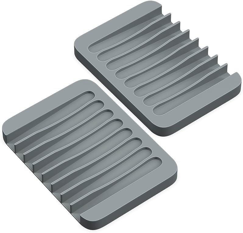 ZAPPOWARE 2-Pack Silicone Soap Dish with Drain - Bar Soap Holder for Shower & Bathroom Sink - Self Draining Waterfall Soap Saver Tray for Kitchen, Prevents Sticky Mess, Easy to Clean (Gray) - Product Image