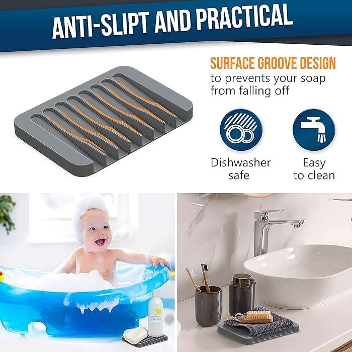 ZAPPOWARE 2-Pack Silicone Soap Dish with Drain - Bar Soap Holder for Shower & Bathroom Sink - Self Draining Waterfall Soap Saver Tray for Kitchen, Prevents Sticky Mess, Easy to Clean (Gray) - Image 4