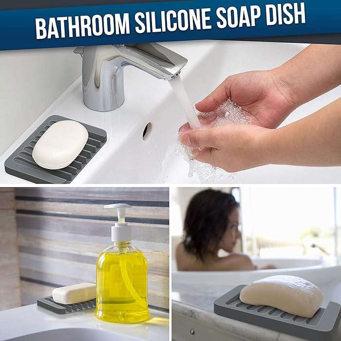 ZAPPOWARE 2-Pack Silicone Soap Dish with Drain - Bar Soap Holder for Shower & Bathroom Sink - Self Draining Waterfall Soap Saver Tray for Kitchen, Prevents Sticky Mess, Easy to Clean (Gray) - Image 6