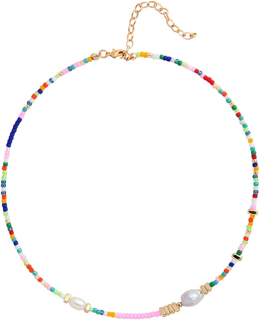 Wellike Freshwater Pearl Beaded Necklace for Women Handmade Boho Colorful Glass Beads Choker Necklace Stainless Steel 18K Gold Plated Bohemian Women Summer Jewelry Gifts - Product Image