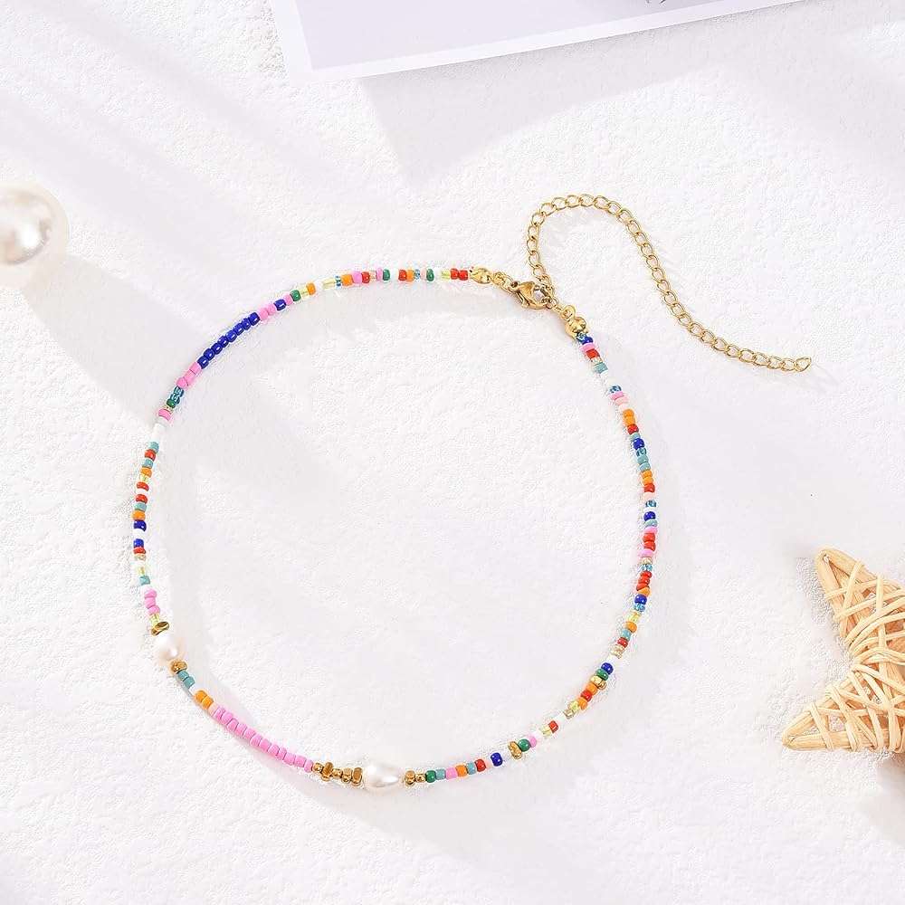 Wellike Freshwater Pearl Beaded Necklace for Women Handmade Boho Colorful Glass Beads Choker Necklace Stainless Steel 18K Gold Plated Bohemian Women Summer Jewelry Gifts - Image 3