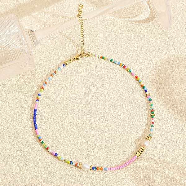 Wellike Freshwater Pearl Beaded Necklace for Women Handmade Boho Colorful Glass Beads Choker Necklace Stainless Steel 18K Gold Plated Bohemian Women Summer Jewelry Gifts - Image 4