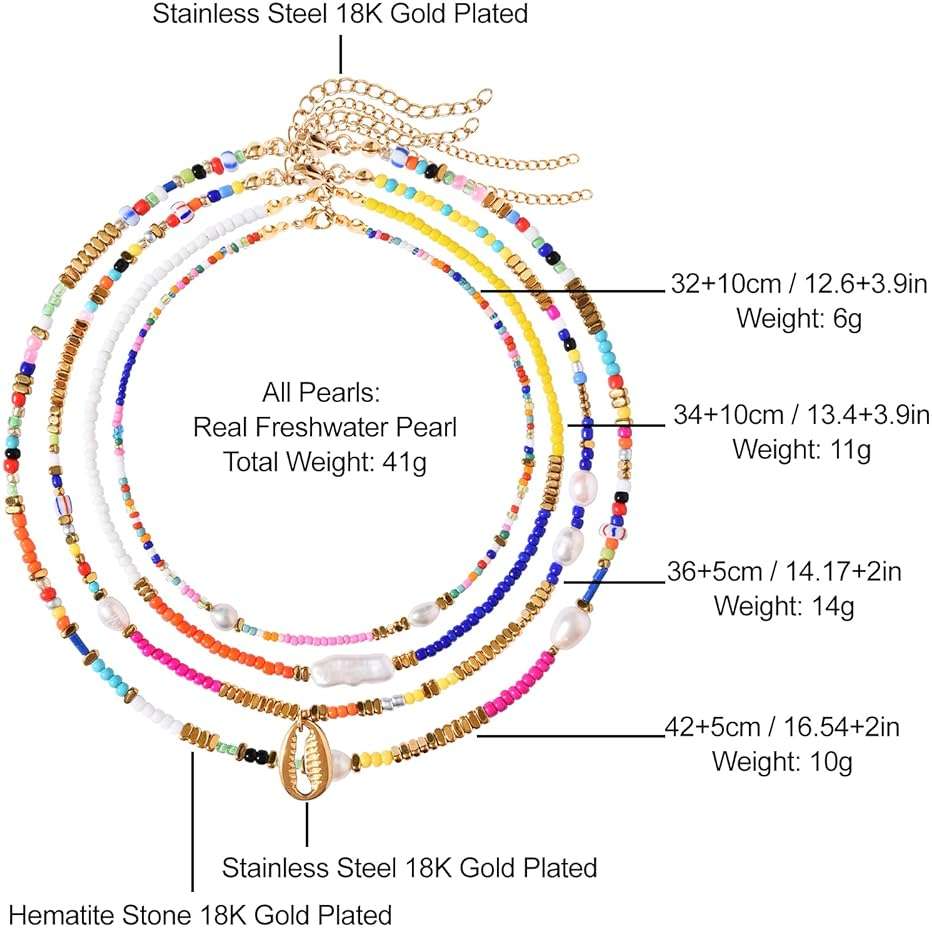 Wellike Freshwater Pearl Beaded Necklace for Women Handmade Boho Colorful Glass Beads Choker Necklace Stainless Steel 18K Gold Plated Bohemian Women Summer Jewelry Gifts - Image 6