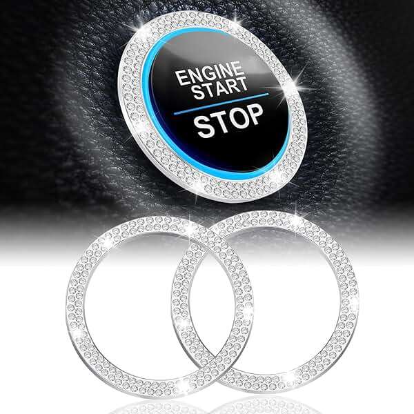 LivTee 2 PCS Crystal Double Rhinestone Car Engine Start Stop Decoration Ring, Bling Car Interior Accessories for Women, Push to Start Button Cover Sticker, Automotive Decals, White - Image 1