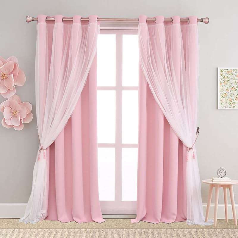 SOFJAGETQ Pink Blackout Curtains with Lace Hems Sheer Overlay, 2 Panels, Thermal Insulated & Soundproof, Room Darkening, Living Room, Bedroom - Modern Elegant Romanntic Pink Drapes, 52x84 Inches - Image 1