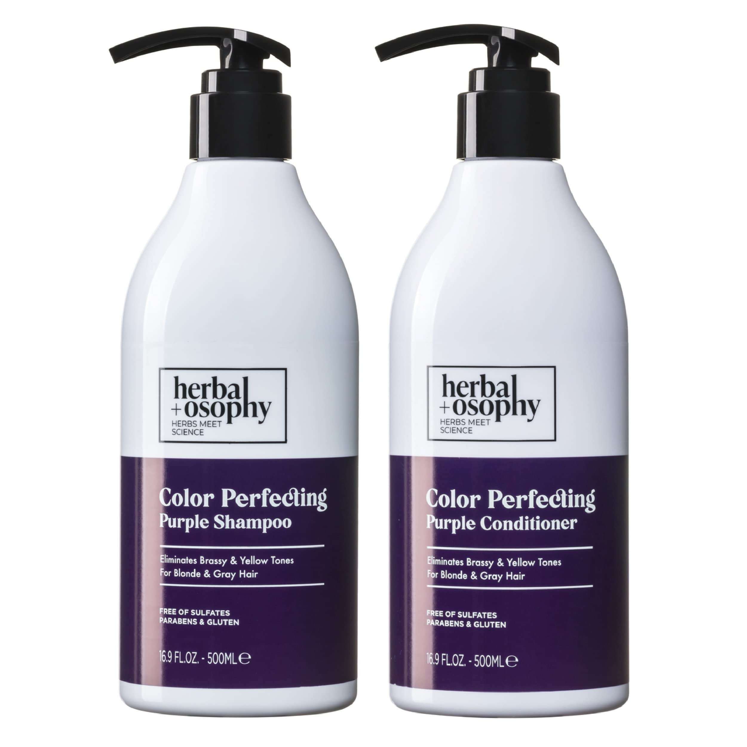 Herbalosophy Purple Shampoo & Conditioner Set for Blonde Gray Hair, Eliminates Brassy and Yellow Tones, Infused with Cocos Nucifera Oil, Free of Sulfate, Parabens and Gluten, 2 x 16.9 Fl Oz - Image 1