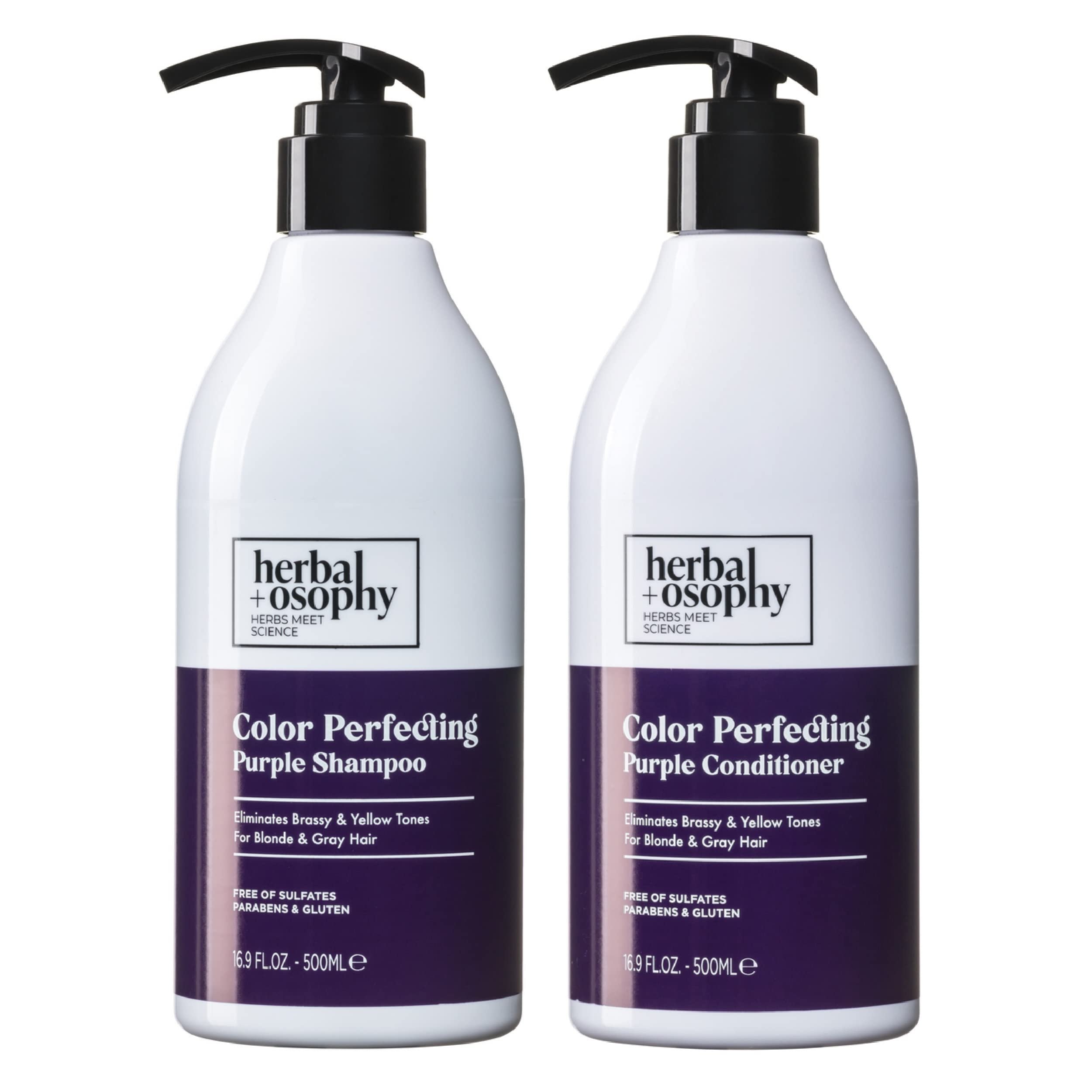 Herbalosophy Purple Shampoo & Conditioner Set for Blonde Gray Hair, Eliminates Brassy and Yellow Tones, Infused with Cocos Nucifera Oil, Free of Sulfate, Parabens and Gluten, 2 x 16.9 Fl Oz - Product Image