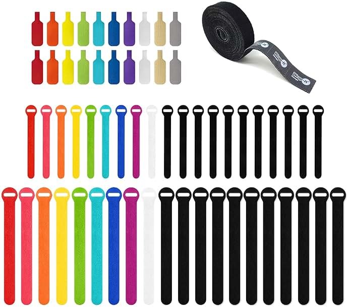 Wrap-It Storage Cable Management Value Pack - 40 Self-Gripping Cable Ties, 20 Cable Labels, 12ft Perforated Self-Gripping Roll - For Home, Office, Desk, Wire, Cable Wrap, Cord Management Organization - Product Image