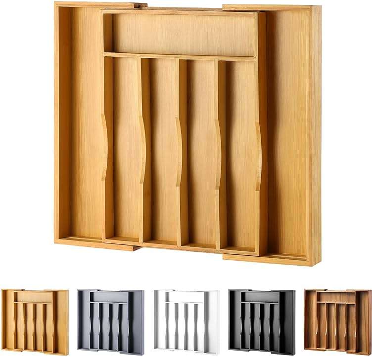 oridom Expandable Bamboo Kitchen Drawer Organizer for Cutlery and Utensils, Adjustable Bamboo Wood Cutlery Tray in Drawer for Flatware and Silverware in Kitchen, (Natural) - Image 1