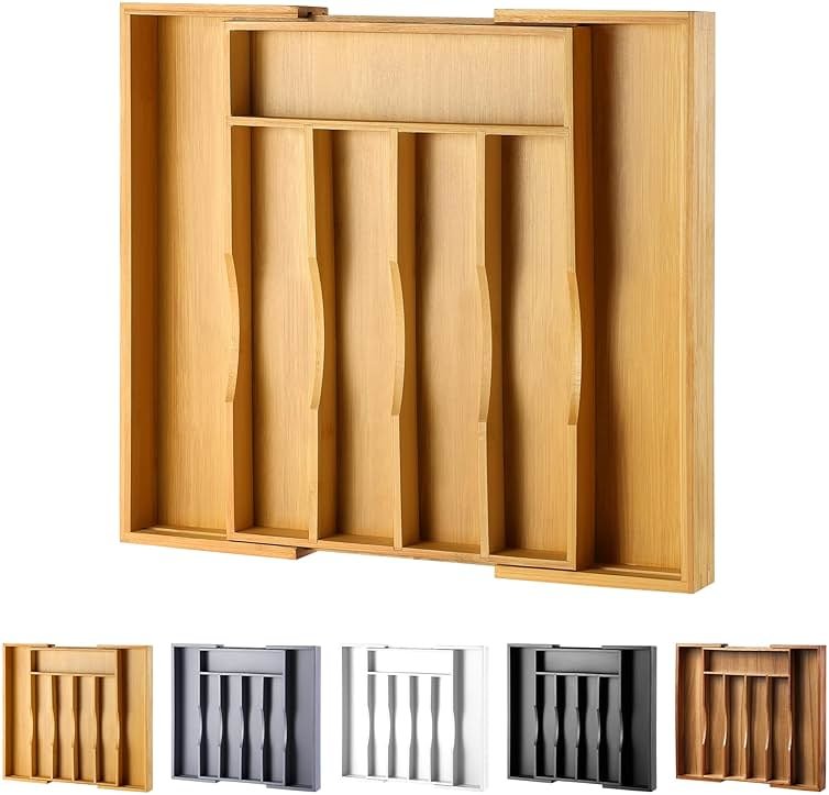 oridom Expandable Bamboo Kitchen Drawer Organizer for Cutlery and Utensils, Adjustable Bamboo Wood Cutlery Tray in Drawer for Flatware and Silverware in Kitchen, (Natural) - Product Image