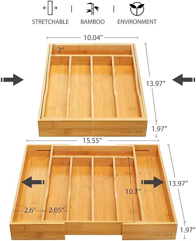 oridom Expandable Bamboo Kitchen Drawer Organizer for Cutlery and Utensils, Adjustable Bamboo Wood Cutlery Tray in Drawer for Flatware and Silverware in Kitchen, (Natural) - Image 3