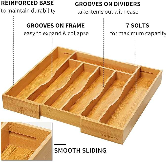 oridom Expandable Bamboo Kitchen Drawer Organizer for Cutlery and Utensils, Adjustable Bamboo Wood Cutlery Tray in Drawer for Flatware and Silverware in Kitchen, (Natural) - Image 4