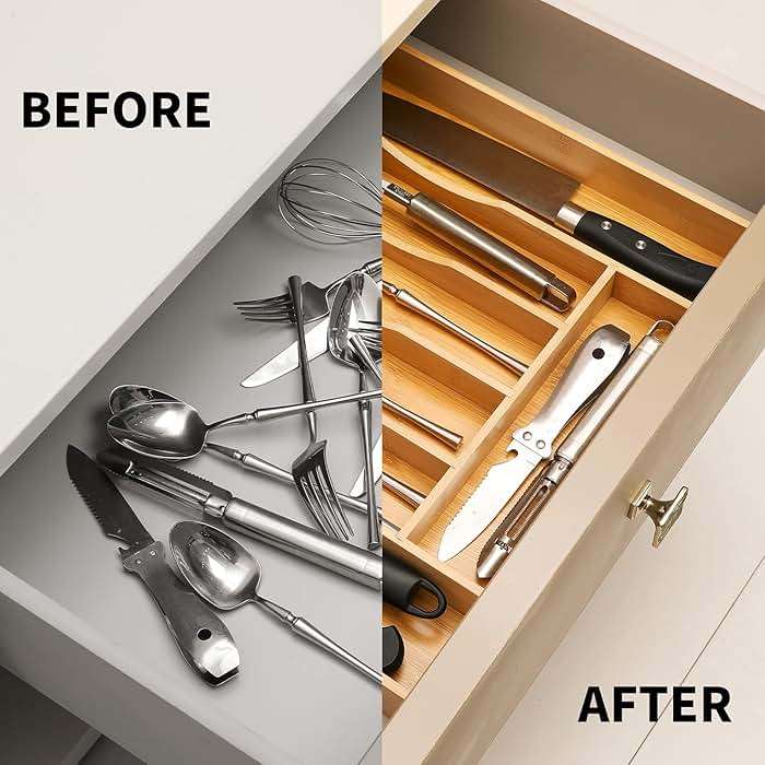 oridom Expandable Bamboo Kitchen Drawer Organizer for Cutlery and Utensils, Adjustable Bamboo Wood Cutlery Tray in Drawer for Flatware and Silverware in Kitchen, (Natural) - Image 5
