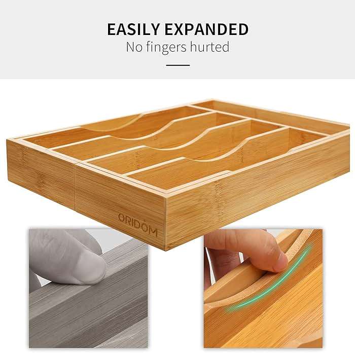oridom Expandable Bamboo Kitchen Drawer Organizer for Cutlery and Utensils, Adjustable Bamboo Wood Cutlery Tray in Drawer for Flatware and Silverware in Kitchen, (Natural) - Image 6