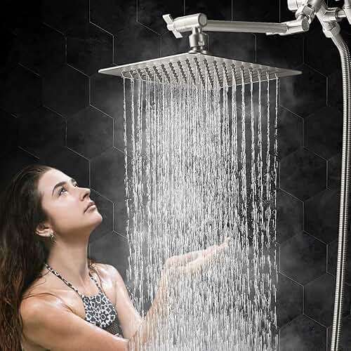 G-Promise All Metal 8 Inch Dual Square Shower Head with Handheld Spray Combo, Rain Shower Head, Adjustable Extension Arm, 3-Way Diverter, 71 Inch Extra Long Hose - A Bathroom Upgrade (Brushed Nickel) - Image 2
