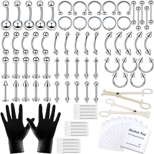 84PCS Body Septum Piercing Kit 14G 16G Tools for Nose Tongue Lip Ear Eyebrow Belly Button Cartilage Tragus Industrial Barbell Helix Daith Piercing Jewelry Clamps - Image 1