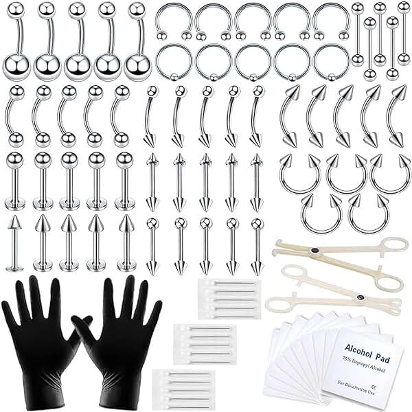 84PCS Body Septum Piercing Kit 14G 16G Tools for Nose Tongue Lip Ear Eyebrow Belly Button Cartilage Tragus Industrial Barbell Helix Daith Piercing Jewelry Clamps - Product Image