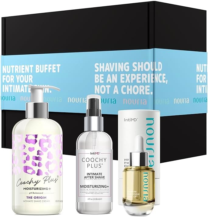 IntiMD Coochy Plus HydroLock Moisturizing + 3-Steps Kit Intimate Shave Gift Set: Nouria Pre-Shave Elixir Oil + Coochy Plus Shave Cream The Origin + Coochy Plus After Shave Protection Mist - Product Image