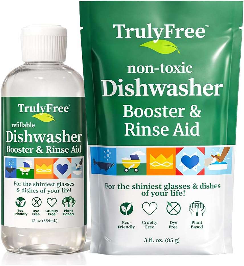 Truly Free Natural Dishwasher Booster & Rinse Aid Kit - Non-Toxic Dishwashing Aid Formula, Removes Residue & Tough Dish Stains, Water Spot Remover - 12 oz Reusable Empty Bottle + One Fill, 3 oz - Image 1