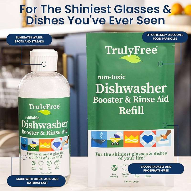 Truly Free Natural Dishwasher Booster & Rinse Aid Kit - Non-Toxic Dishwashing Aid Formula, Removes Residue & Tough Dish Stains, Water Spot Remover - 12 oz Reusable Empty Bottle + One Fill, 3 oz - Image 3