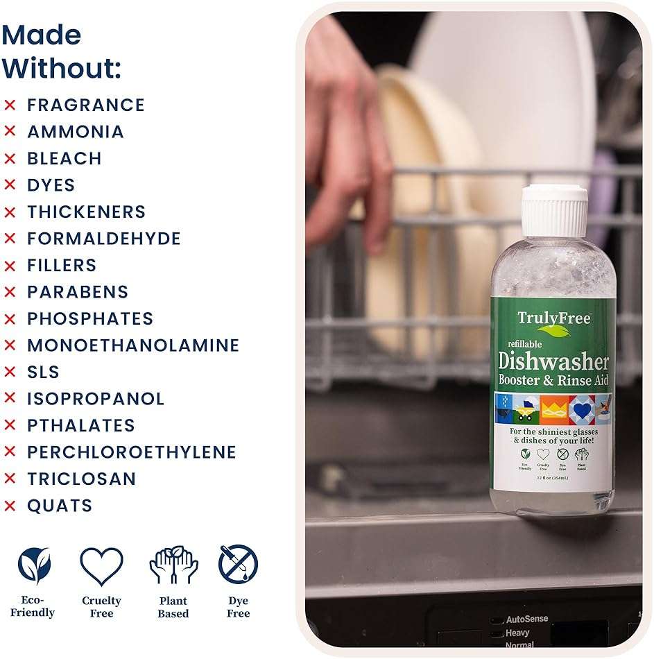 Truly Free Natural Dishwasher Booster & Rinse Aid Kit - Non-Toxic Dishwashing Aid Formula, Removes Residue & Tough Dish Stains, Water Spot Remover - 12 oz Reusable Empty Bottle + One Fill, 3 oz - Image 5